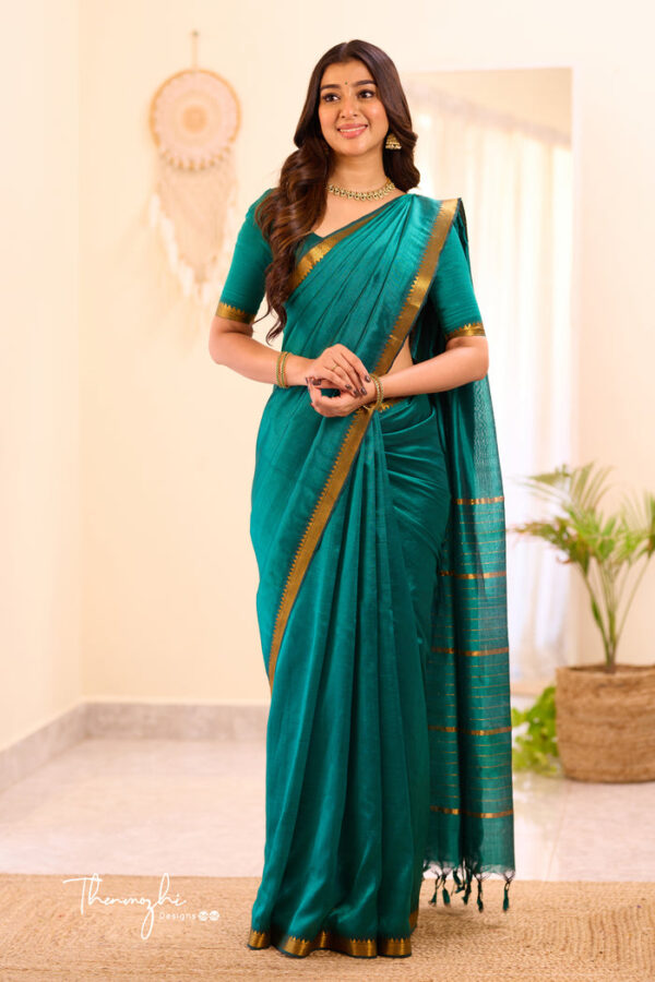 Dark Green Mangalagiri Semi Silk Cotton Saree - Image 6