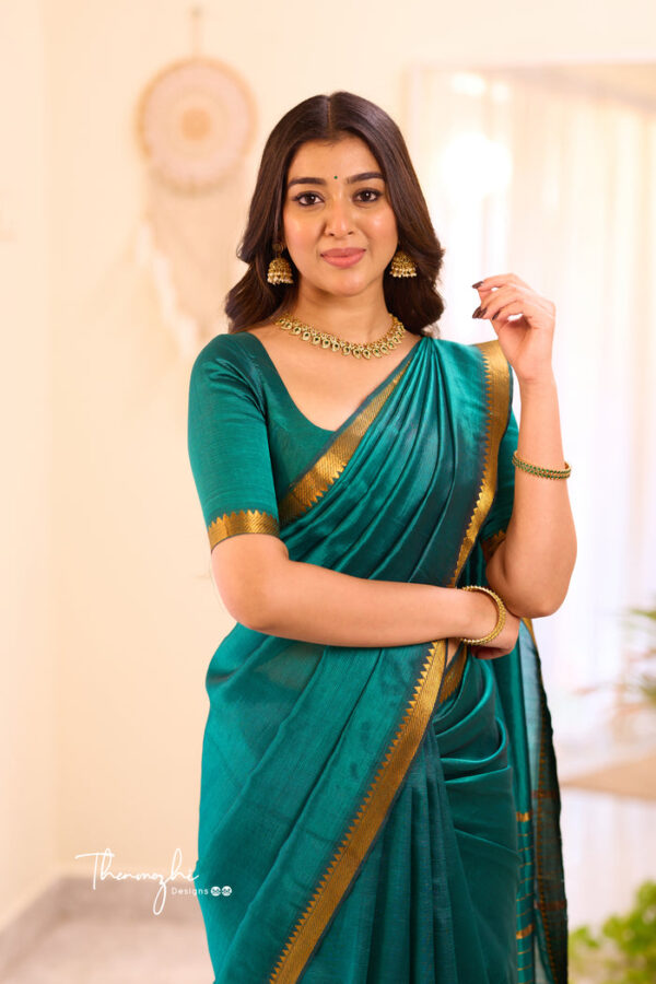 Dark Green Mangalagiri Semi Silk Cotton Saree - Image 4