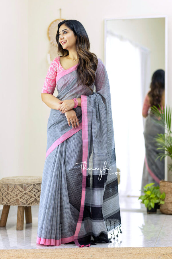 Storm Cloud - Grey Mangalagiri Plain Cotton Saree - Image 2