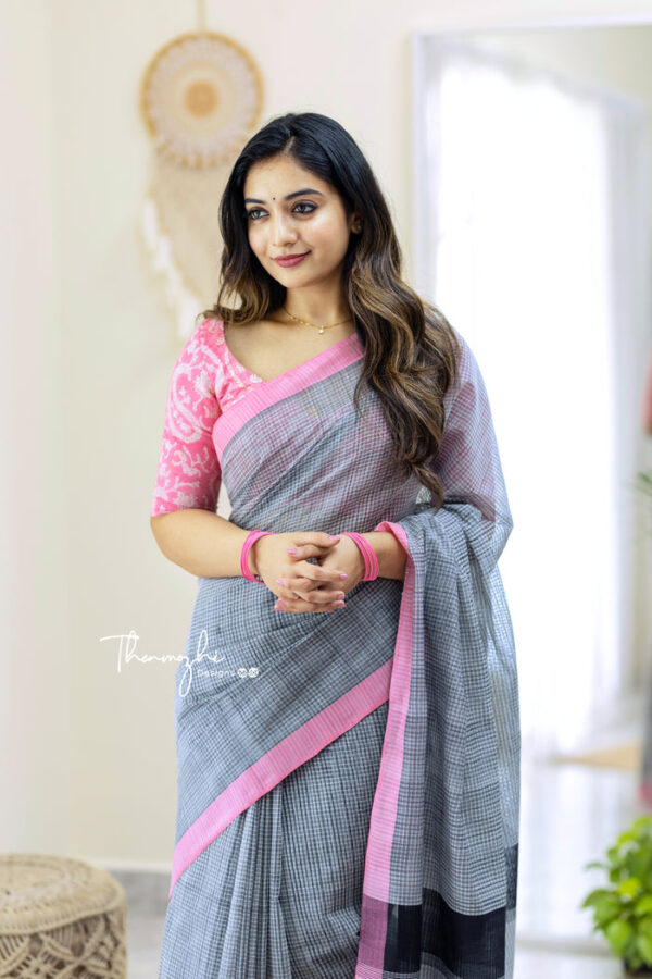 Storm Cloud - Grey Mangalagiri Plain Cotton Saree - Image 5