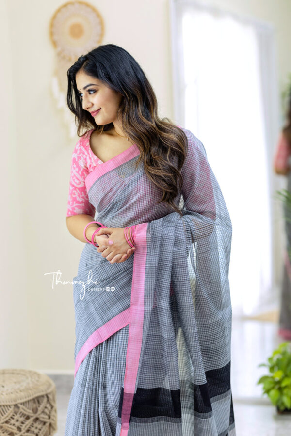 Storm Cloud - Grey Mangalagiri Plain Cotton Saree - Image 6