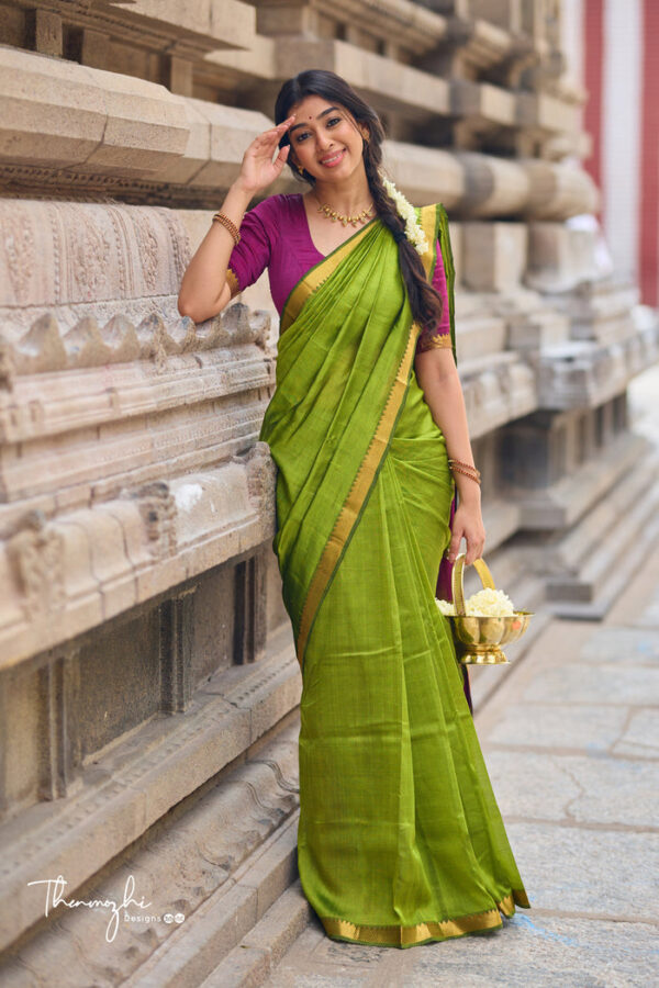 Green and Magenta-Handwoven Mangalagiri Semi Silk Cotton Saree - Image 6