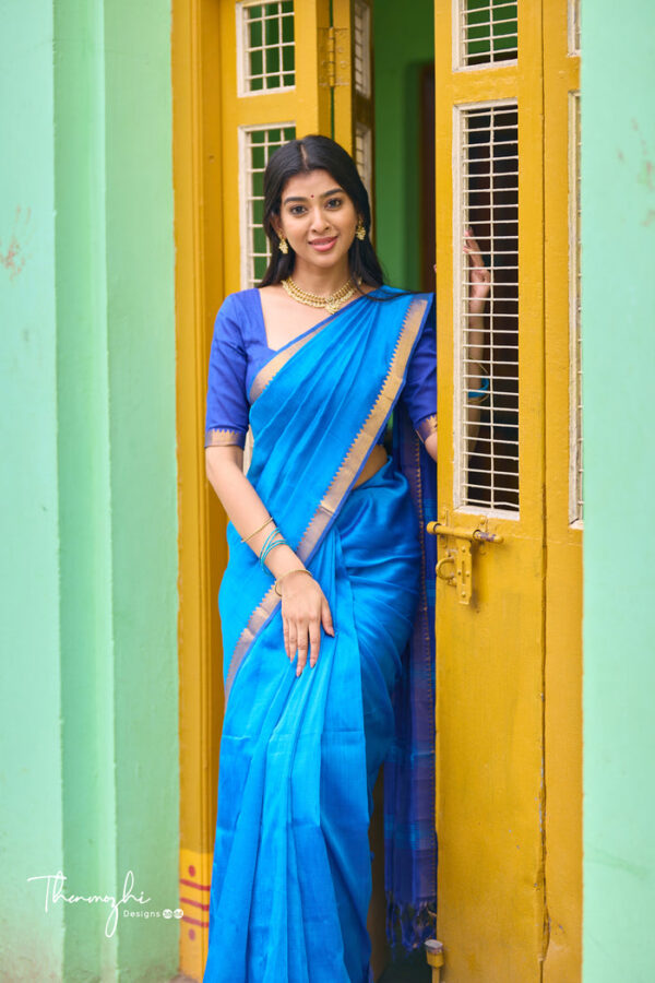 Light Blue and Dark Blue-Handwoven Mangalagiri Semi Silk Cotton saree - Image 6