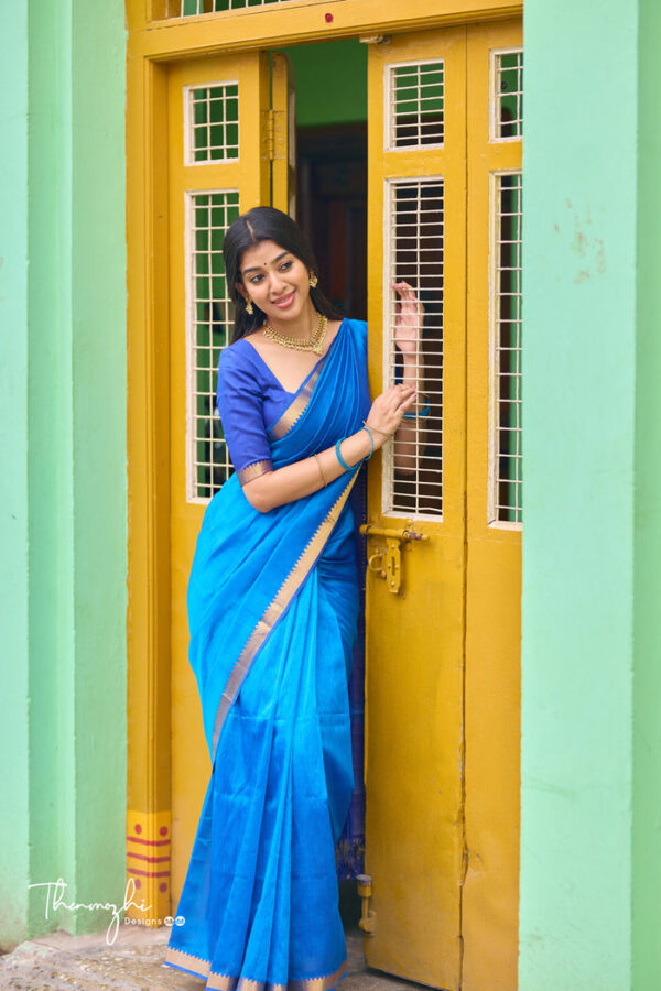 Light Blue and Dark Blue-Handwoven Mangalagiri Semi Silk Cotton saree - Image 5